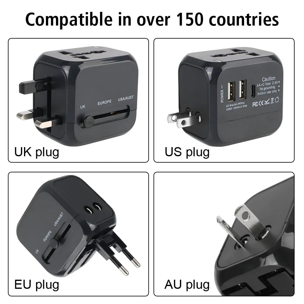 Adaptateur Chargeur de Voyage Universel — Prises US/EU/UK/AU + 2 USB + USB-C