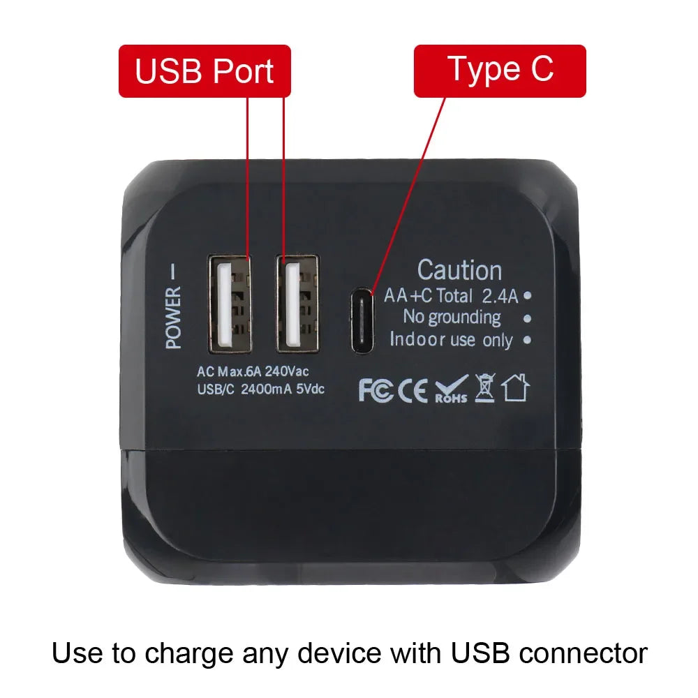 Adaptateur Chargeur de Voyage Universel — Prises US/EU/UK/AU + 2 USB + USB-C