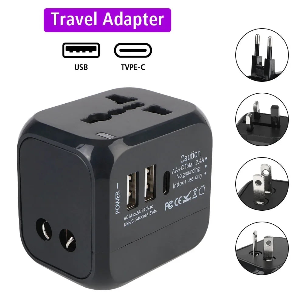 Adaptateur Chargeur de Voyage Universel — Prises US/EU/UK/AU + 2 USB + USB-C