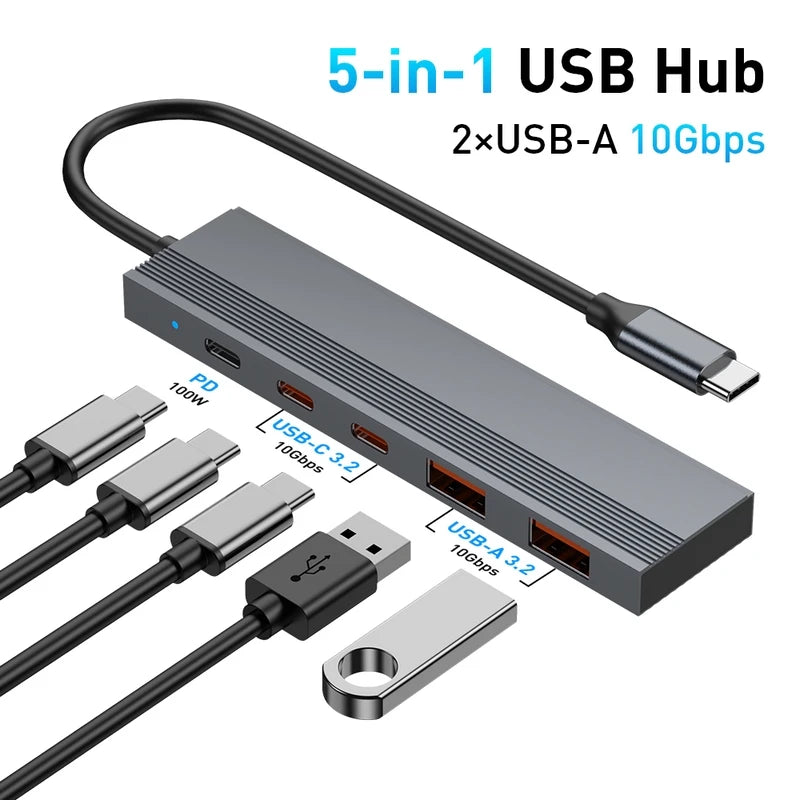 Hub USB-C 5-en-1 — 4 Ports 10 Gbps + Charge Rapide PD 100W